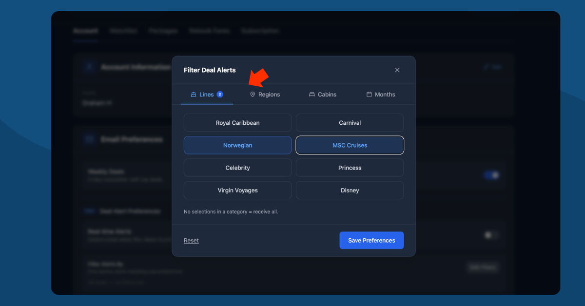 Filter Deal Alerts modal showing the Lines tab with Norwegian and MSC Cruises selected
