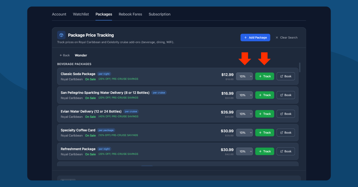 Package search results showing beverage packages with current prices, threshold dropdowns, Track and Book buttons