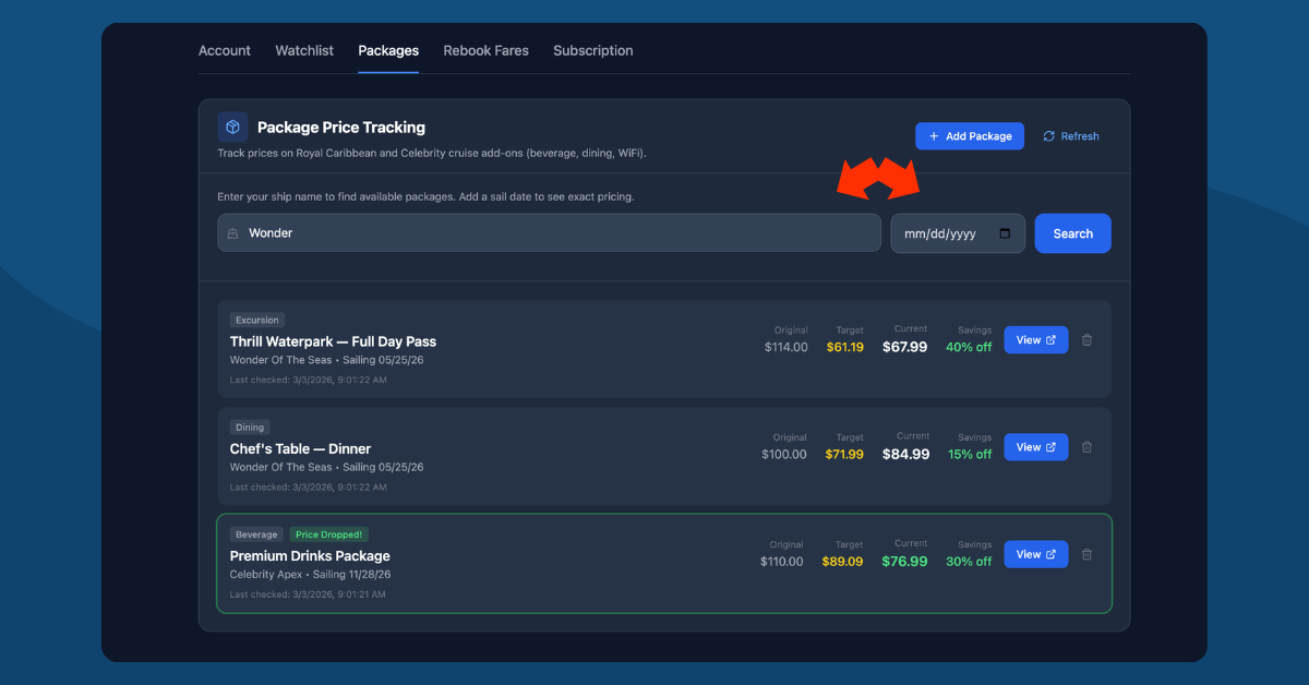 Package search form with ship name and date fields, plus the Add Package button