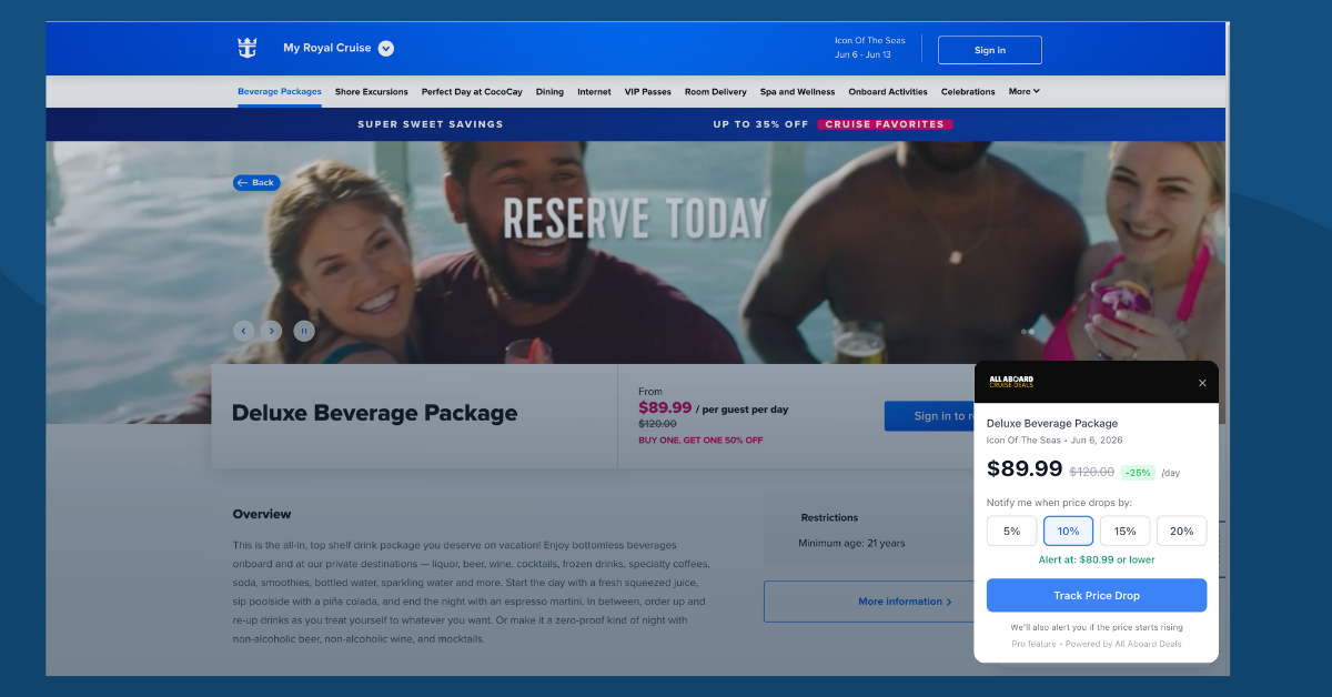 Chrome extension showing Deluxe Beverage Package tracking on Royal Caribbean's Cruise Planner page with price drop threshold options