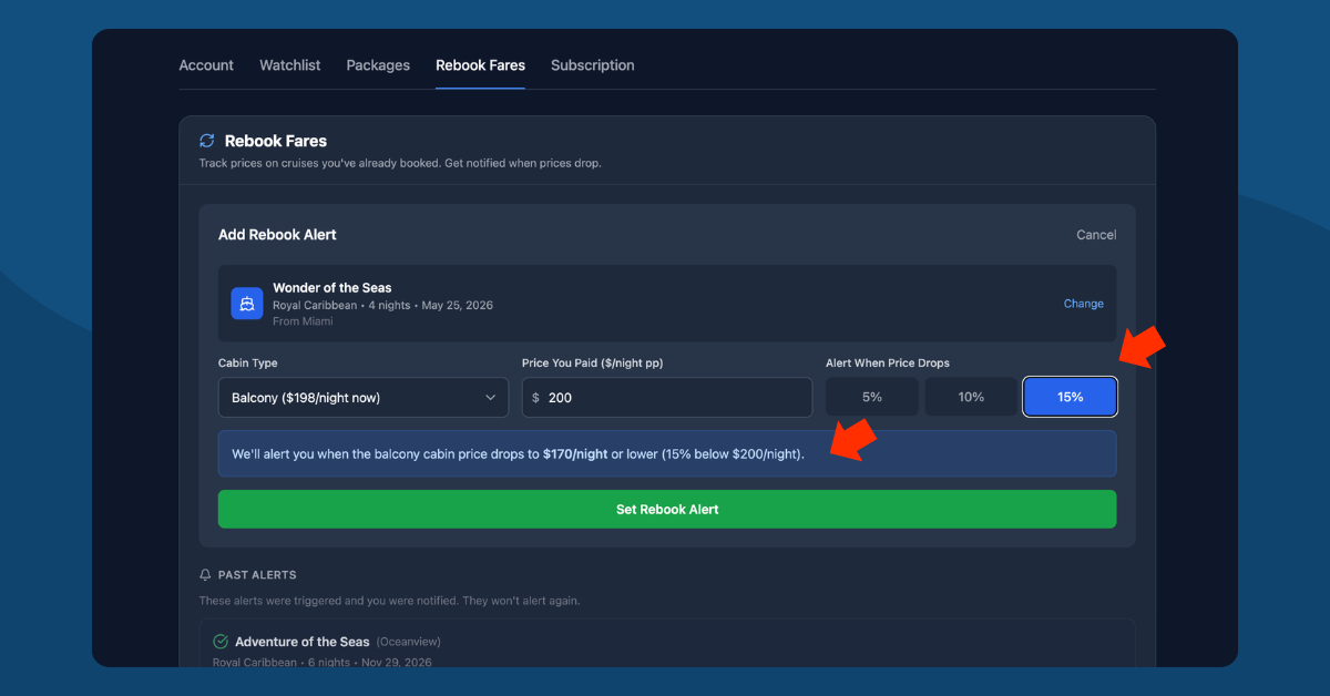 Completed rebook alert showing Balcony cabin at $200 per night with 15% threshold — alert preview says we'll notify when price drops to $170 per night or lower