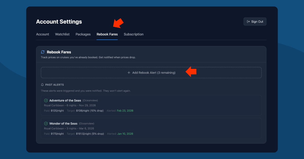Rebook Fares tab showing the Add Rebook Alert button and existing rebook alerts