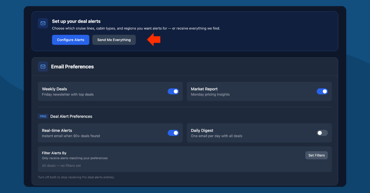 Pro onboarding banner on the account page with Configure Alerts and Send Me Everything buttons