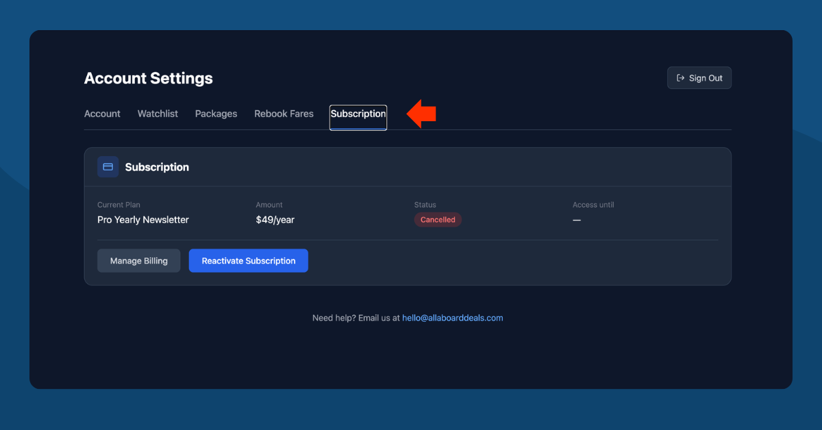 Subscription tab showing current plan, amount, status, and billing management buttons