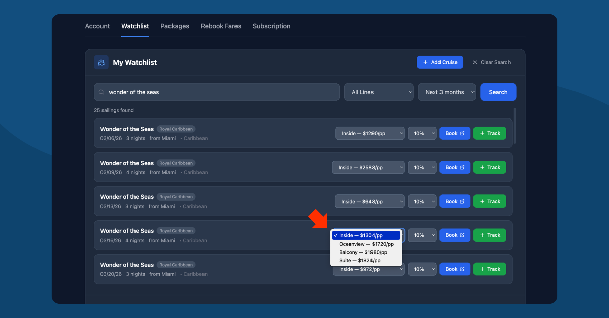 Watchlist search results for Wonder of the Seas showing multiple sail dates with cabin type dropdown, threshold selector, Book and Track buttons