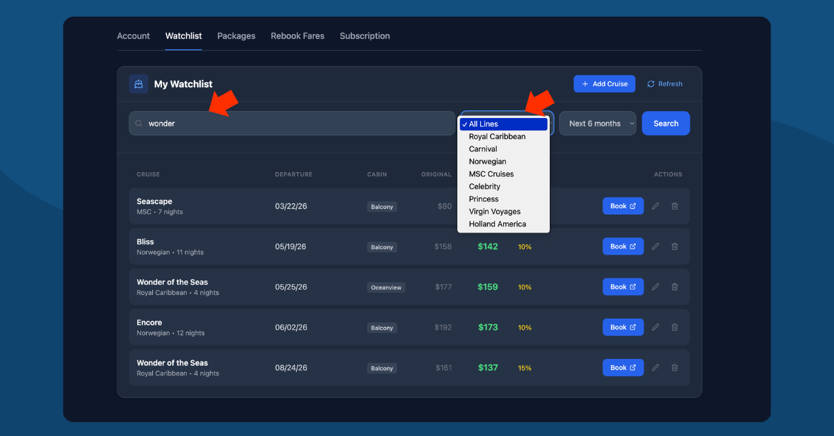 Watchlist search form with ship name field, cruise line dropdown showing all available lines, and time range selector