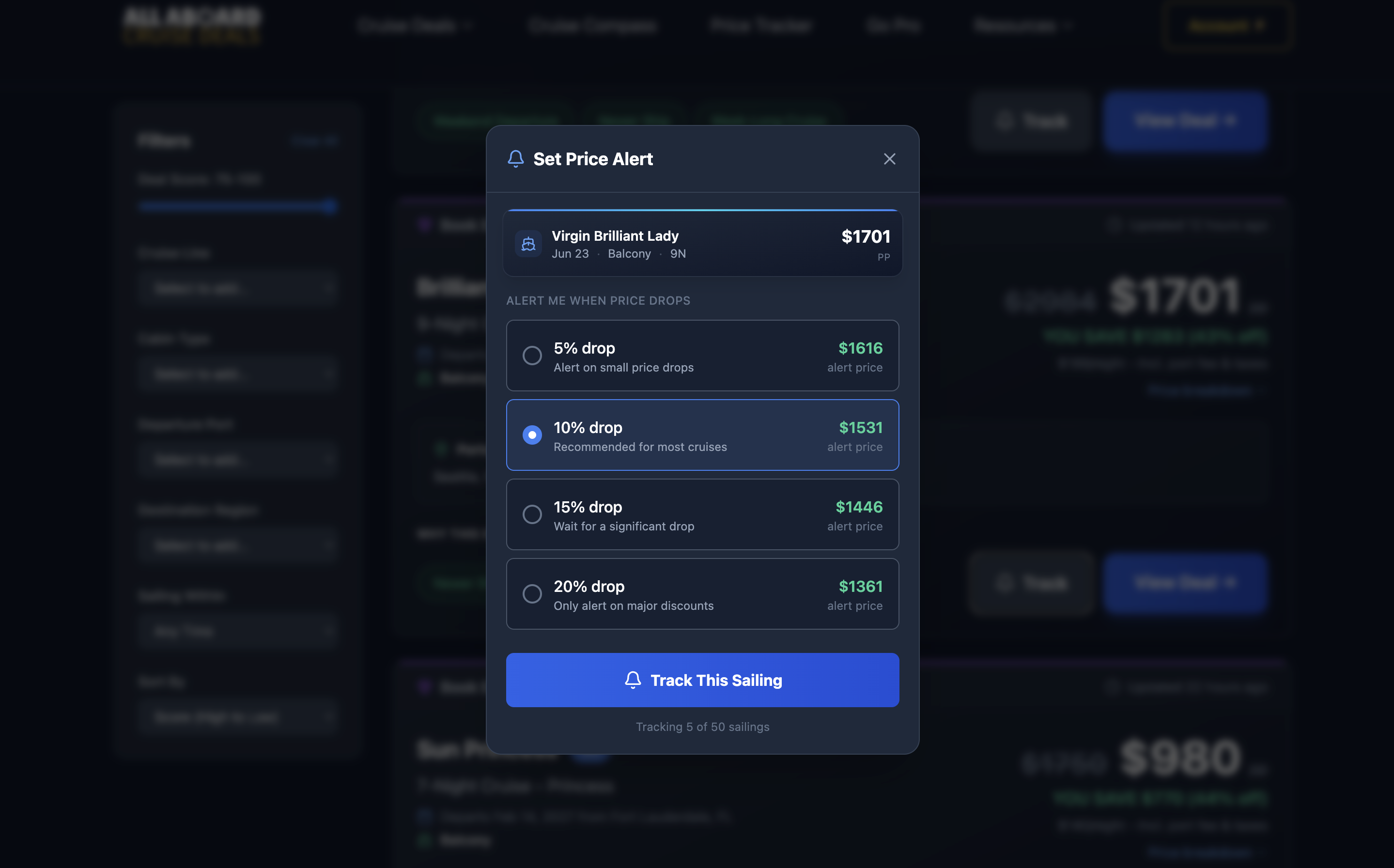 Set Price Alert modal showing drop threshold options